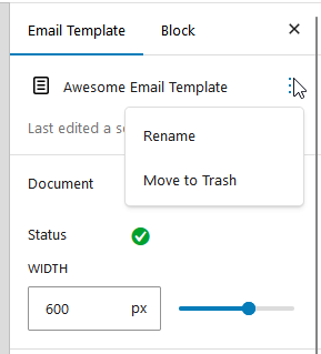 Email template document settings panel showing width and status options