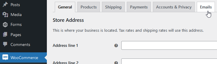 WooCommerce settings emails menu navigation